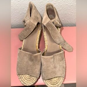 Marc Fisher Ankle Buckle Beige Open Toe Size 9M Suede Solid Wedge Sandal